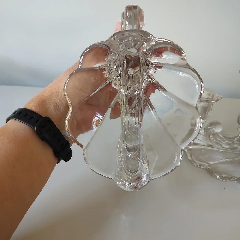 Vintage Cambridge Glass Caprice Three Light Candlestick Pair Chrystal Clear